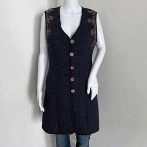 KG Womens Quilted Embroidered Vest Dress Size 48 M Blue Gold Layering Kyrgyzstan